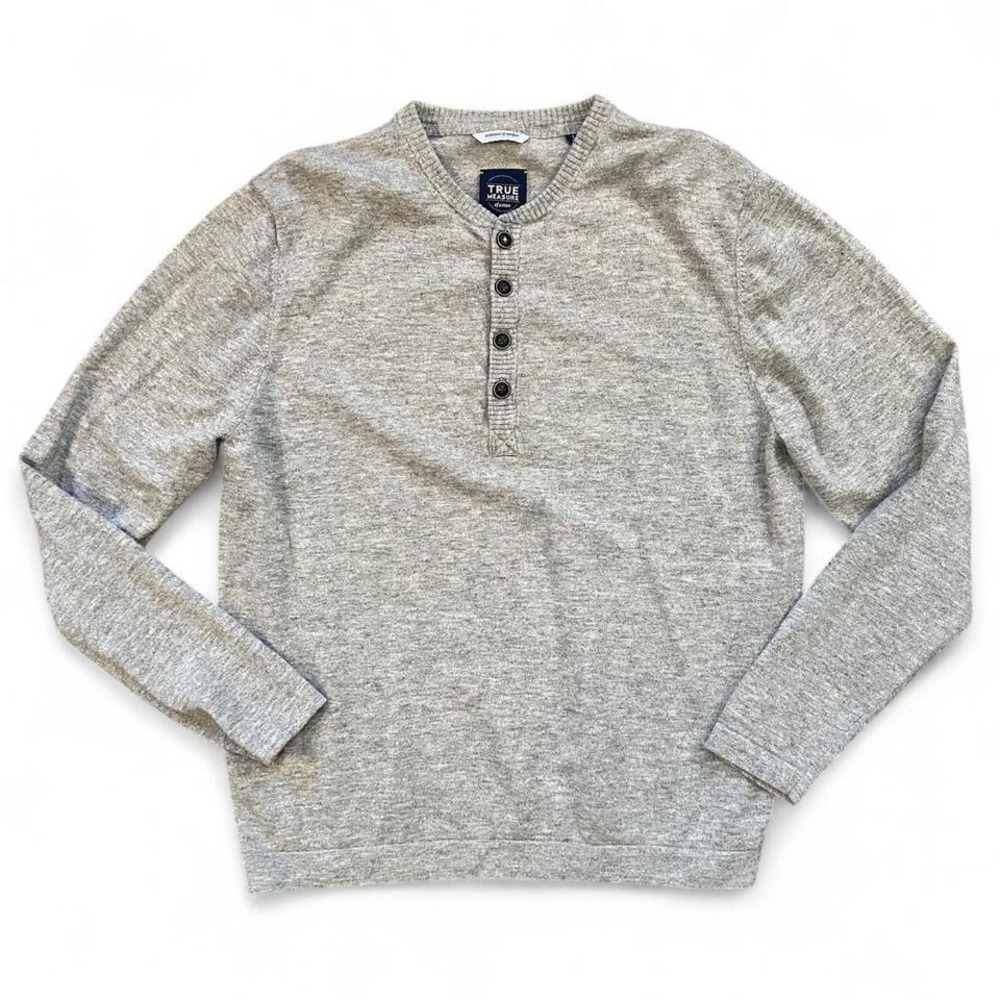 Gray Long Sleeve Henley Sweater Fine Merino Wool Gray Large Preppy